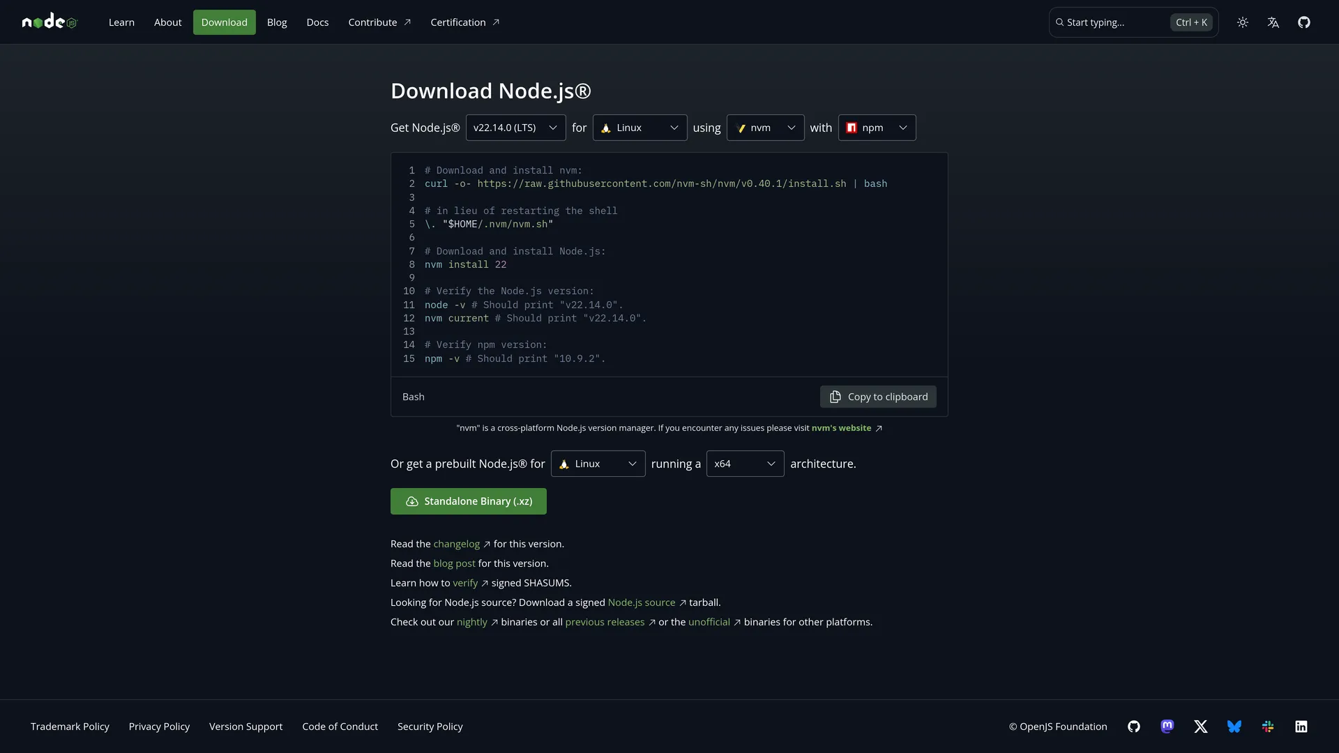 لقطة الشاشة لصفحة التحميل في موقع نود.جي إس