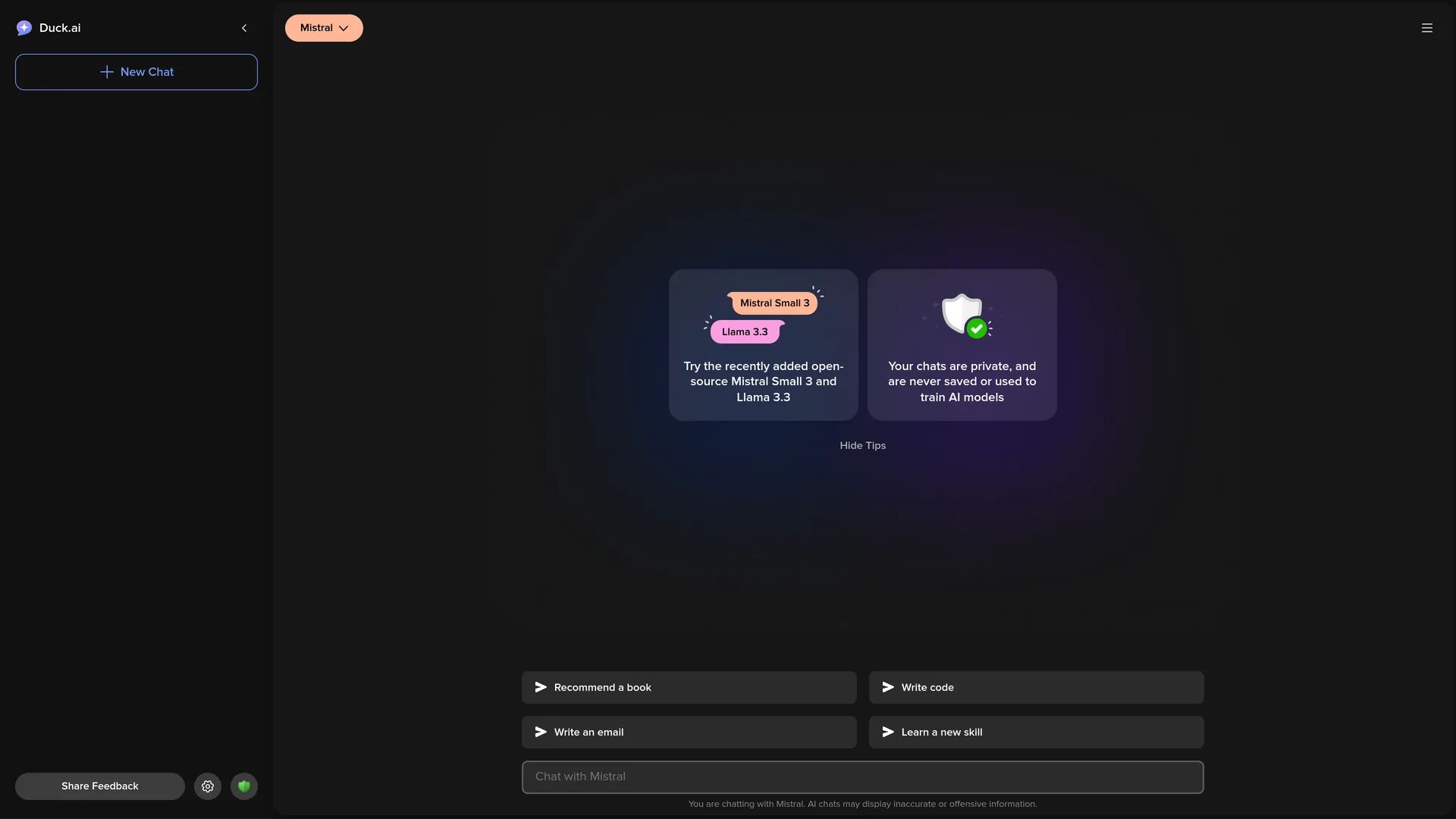 لقطة الشاشة لصفحة الدردشة مع دك أيه آي